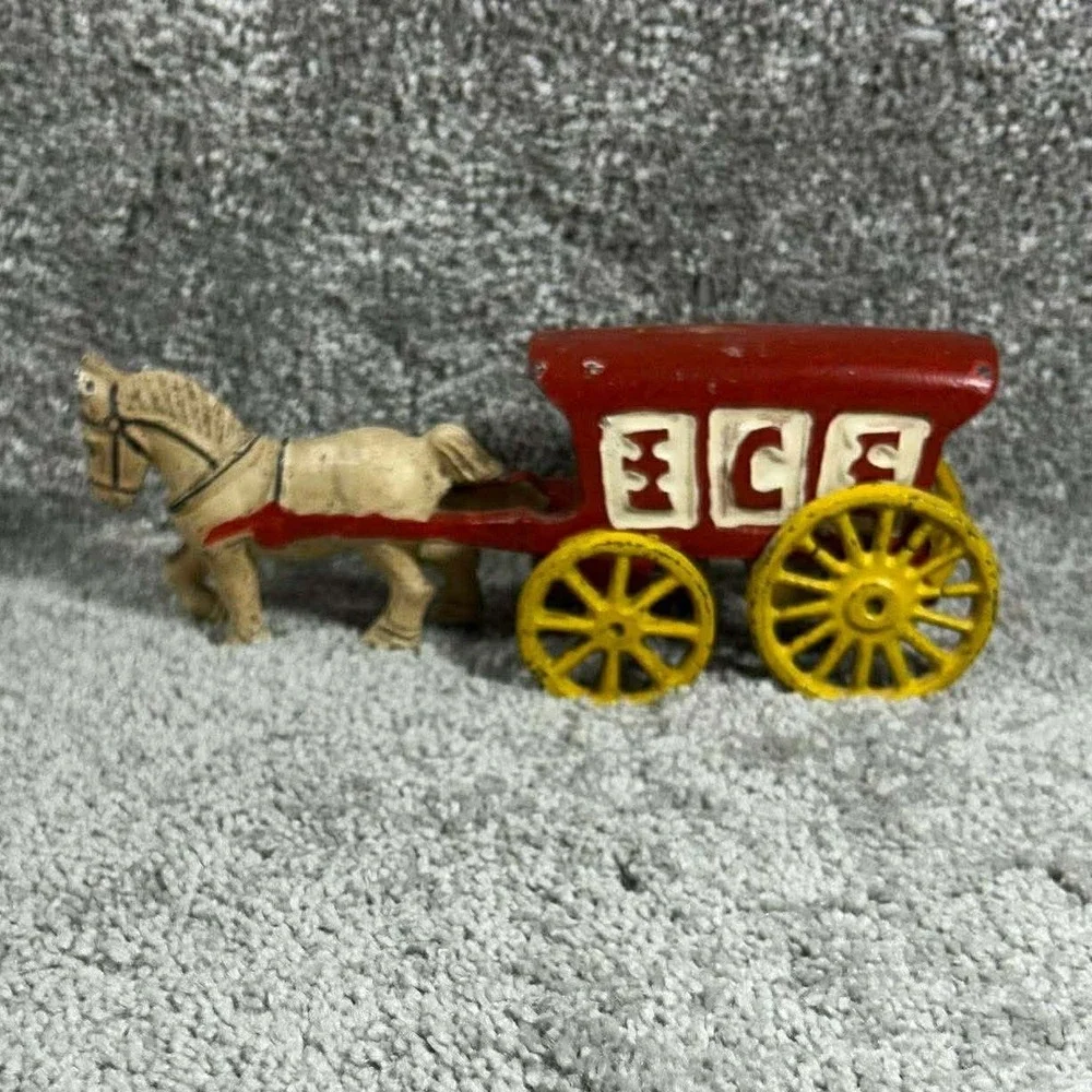 Vintage Cast Iron Ice Wagon Red Horse Drawn Carriage Toy Antique Style 6.5in